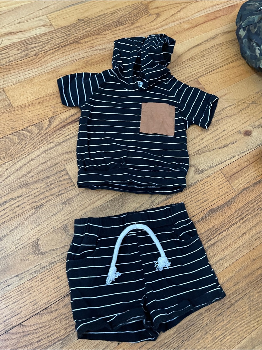 Kids Black Stripe Hoodie & Shorts Set with Tan Pocket